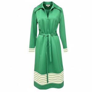 Vintage 1970s Green Knit Zip Dress Dagger Collar Belted Midi Dress, Fits a 10